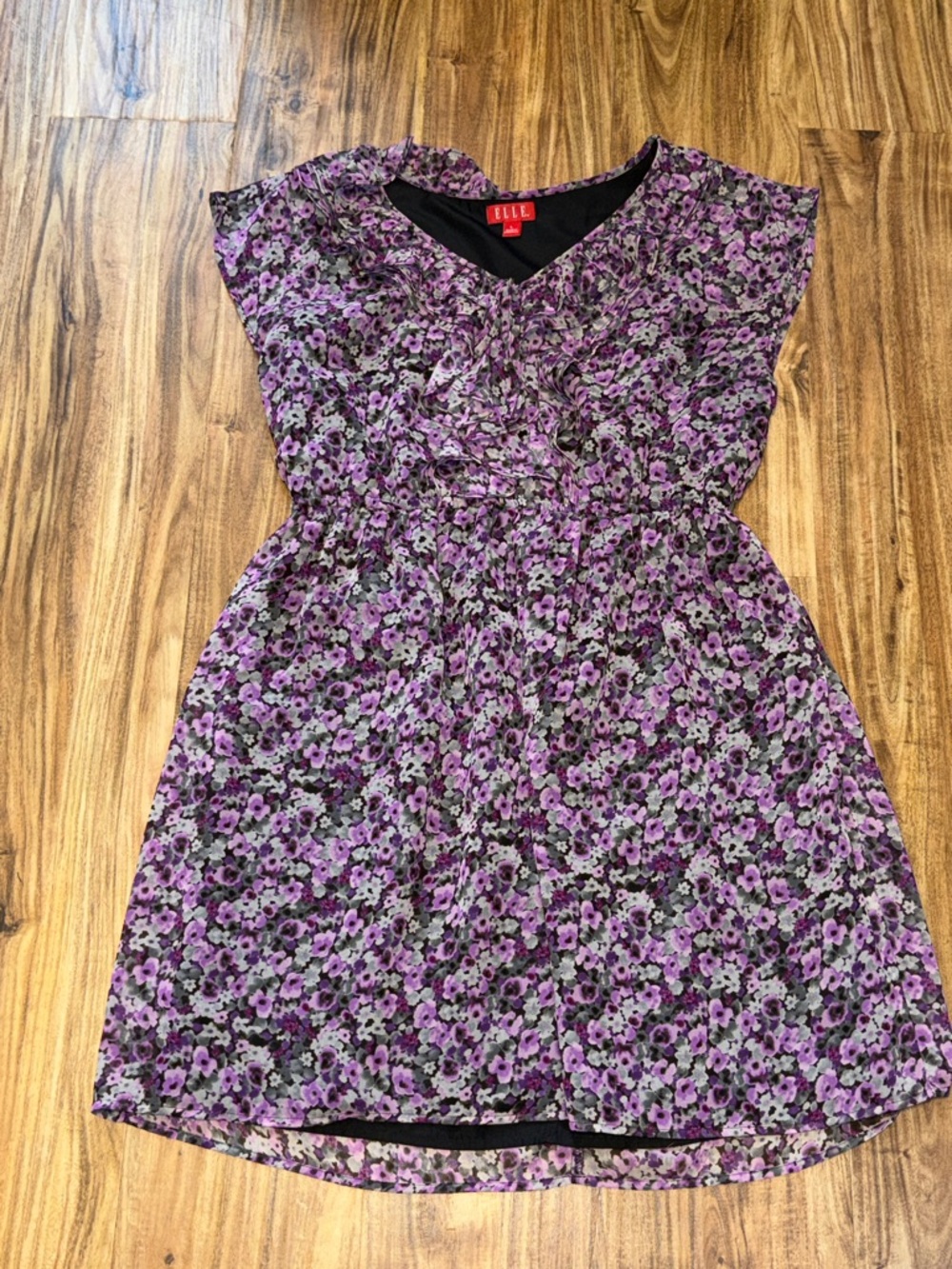 Elle women dress large mini knee ruffle Purple black gray Floral casual business